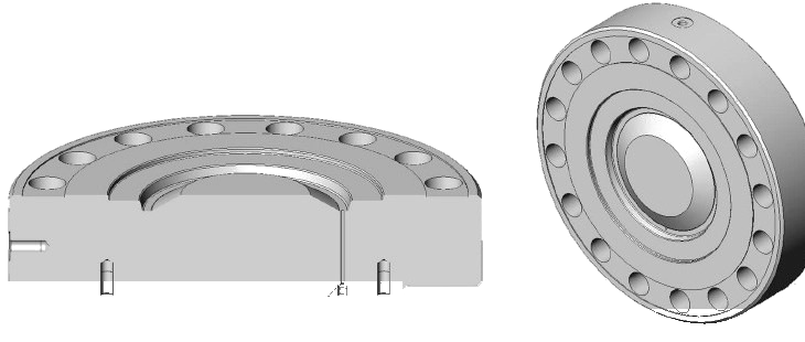 Flanges cegos FlangeTec — vista em corte e vista frontal