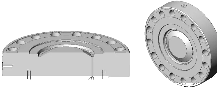 Flanges cegos FlangeTec — vista em corte e vista frontal