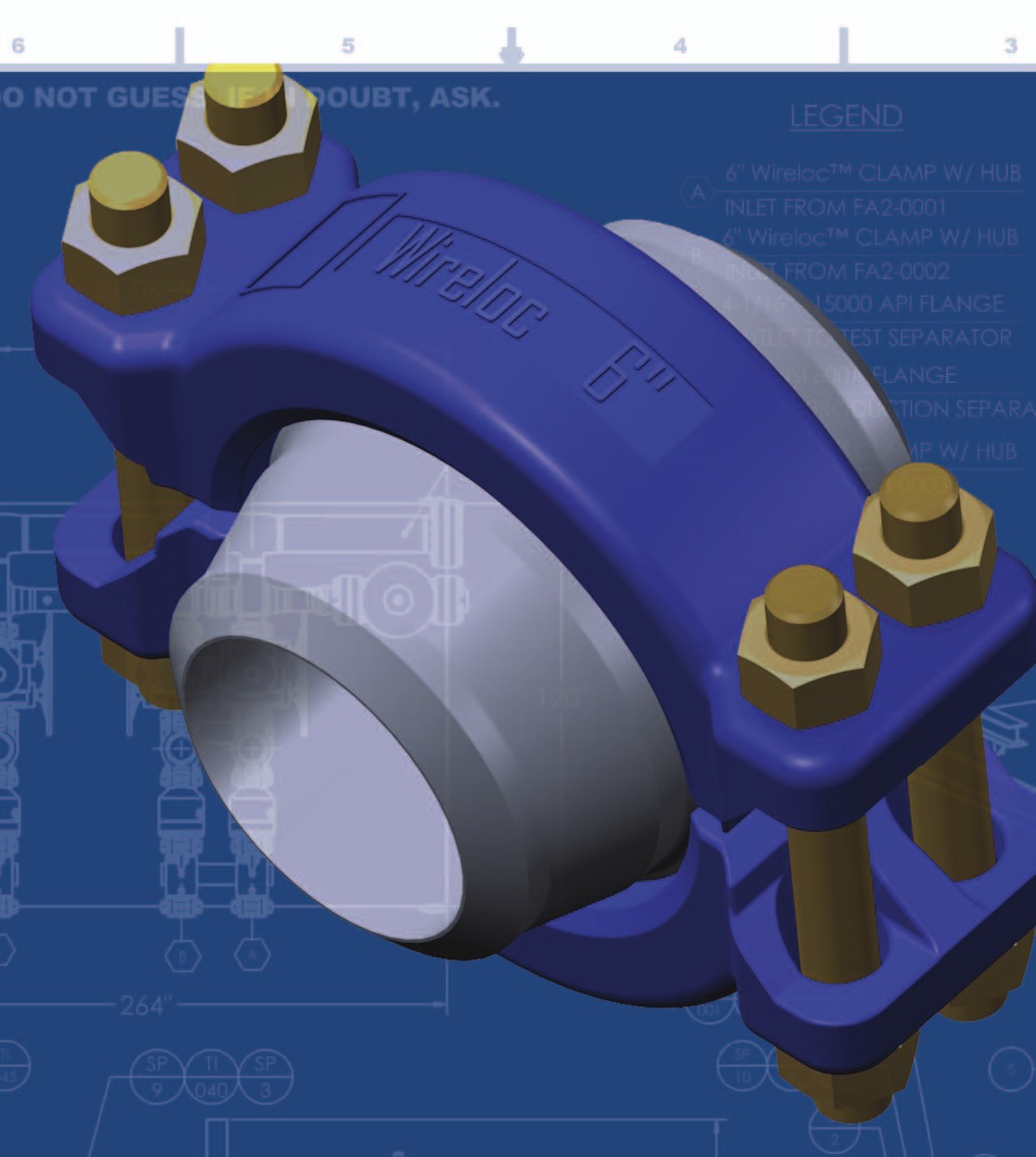 Conector clamp WIRELOC 6 polegadas — render mostrando o anel de vedação metálico interno