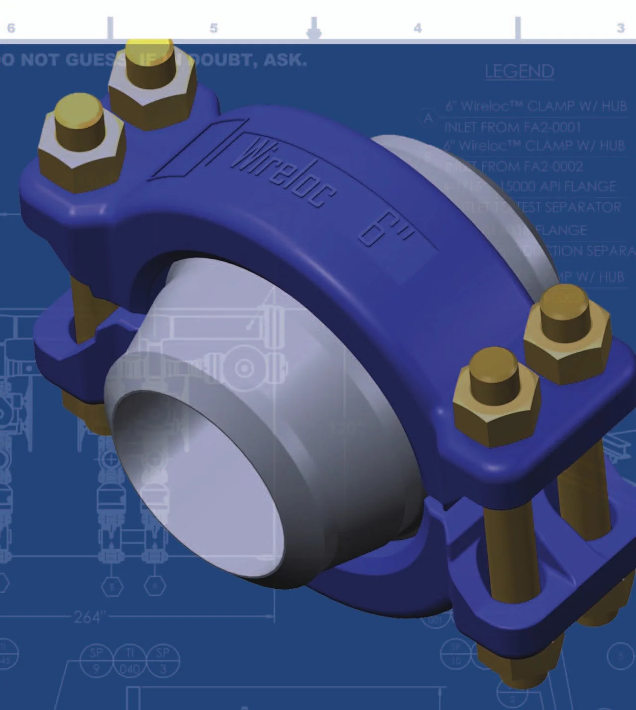 Conector clamp WIRELOC 6 polegadas — render mostrando o anel de vedação metálico interno